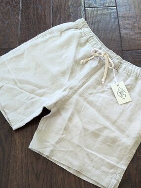 ALEX CRANE I NWT Light Khaki Tan Bone 100% Linen Bo Drawstring Shorts, L